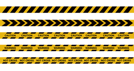 Yellow and black danger tape set with skull symbols for safety hazard zones roads and construction. Includes caution ribbons warning lines for police accidents and construction. Vector on white 