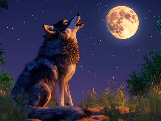 A majestic wolf howling at the moon, its fur and surroundings illuminated under a clear night sky,