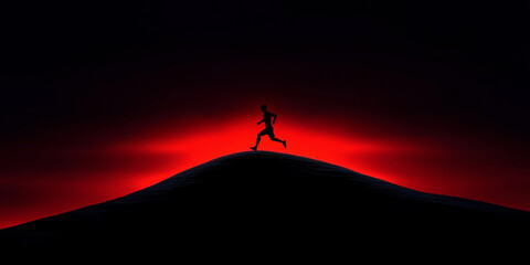 Runner silhouetted against a vibrant red sunset on a hill  