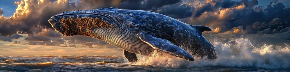 A massive blue whale emerging from the ocean in full detail,