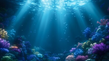 Fototapeta premium Underwater scene showcasing vibrant coral reefs illuminated by rays of sunlight, creating a serene atmosphere, Ideal for marine biology content, environmental awareness campaigns