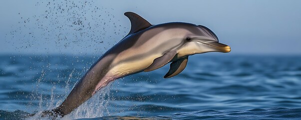 A playful dolphin leaping from the ocean, with water droplets flying in the air,