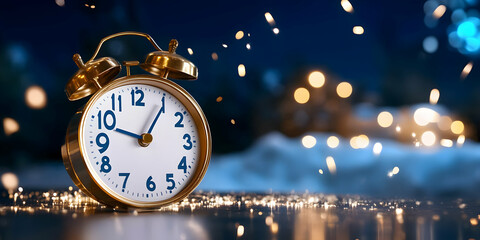 Fototapeta premium Golden Alarm Clock at Midnight with Sparkling Lights on New Year Eve in Dark Blue Backdrop