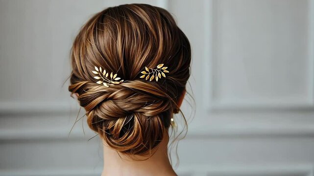 Elegant updo hairstyle with intricate braids and decorative hairpins, showcasing beauty and fashion for special occasions and timeless elegance.