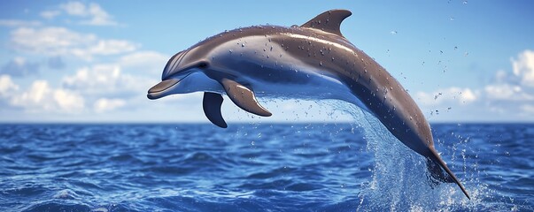 A playful dolphin leaping from the ocean, with water droplets flying in the air,