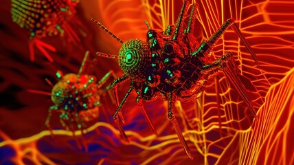 Futuristic depiction of medical nanobots in a vibrant digital environment