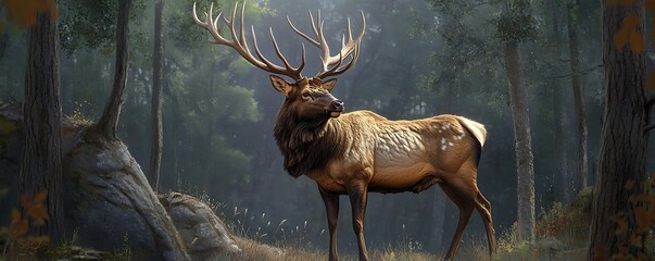A powerful bull elk standing tall in the forest with a breathtaking view of its antlers,