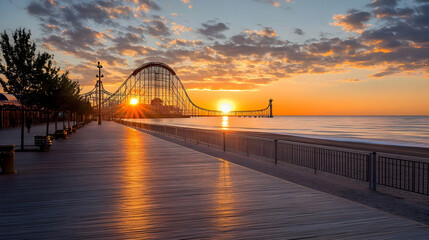 Naklejka premium Golden Sunset over Sea Horizon with Ferris Wheel and Trees along the Promenade Reflecting on Paved Pathway During Dusk in Warm Light and Cloudy Sky