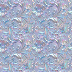 Pearlescent holographic seamless pattern with ornate swirling floral design