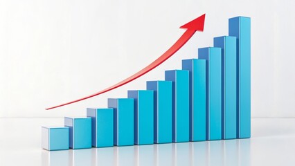 A vibrant upward trajectory symbolizes consistent growth and future success, depicted with a dynamic red arrow and sleek blue bars against a clean white background.