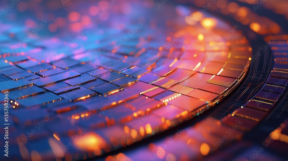 Aufkleber close-up of futuristic silicon chip with crystallic surface and grid pattern