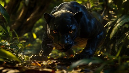 A sleek black panther crouching in the jungle, ready to pounce with sharp eyes,