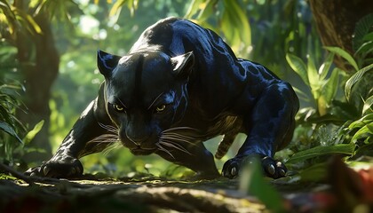A sleek black panther crouching in the jungle, ready to pounce with sharp eyes,