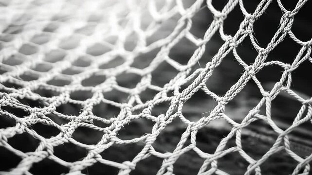 Detailed close-up of a handmade fishing net resting on a wooden surface during late afternoon light