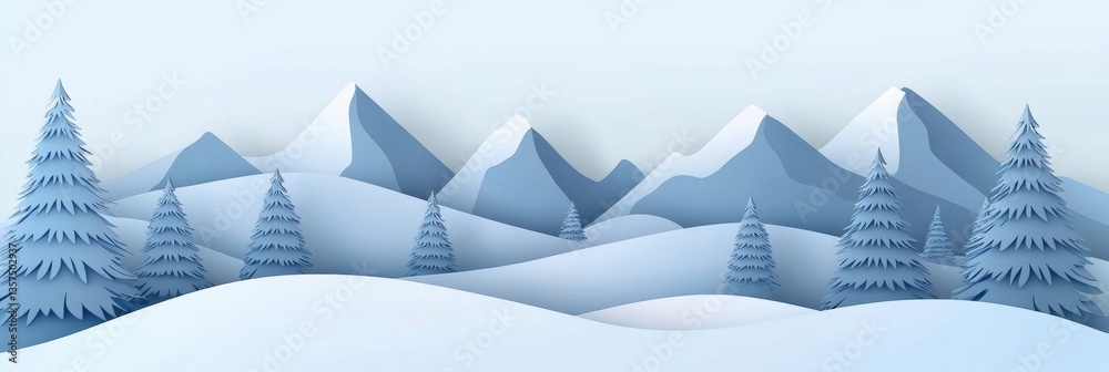 Poster winter landscape showcasing paper cut style with snowy mountains and pine trees under a gentle blue 