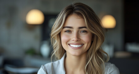 smiling businesswoman sitting in office background