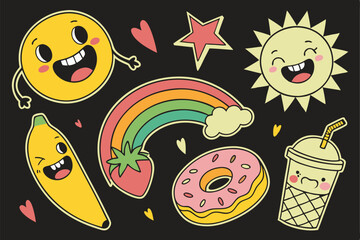 53 Colorful cartoon stickers, kawaii characters, emoji-inspired designs, vibrant colors, black background, retro style, pop art, banana character, smiling sun, rainbow, donut, star, heart, speech bubb