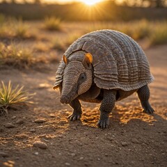 Fototapeta premium Armadillo Crossing a Dusty Path at Twilight.