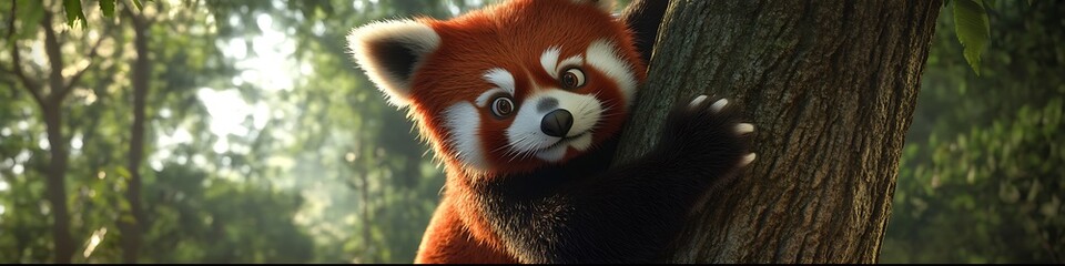 A striking red panda climbing a tree with sharp details on its fur and eyes,