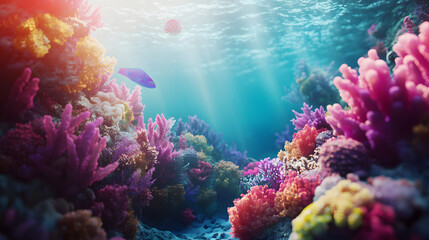 Naklejka premium Vibrant underwater coral reef action ocean background colorful nature wallpaper tranquil environment underwater viewpoint