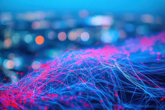 Abstract blue and red light trails over blurred cityscape at night, creating dynamic background with modern and futuristic aesthetic for graphic design projects.