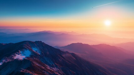 Obraz premium Aerial View of Majestic Mountains at Sunset with Airplane Contrail