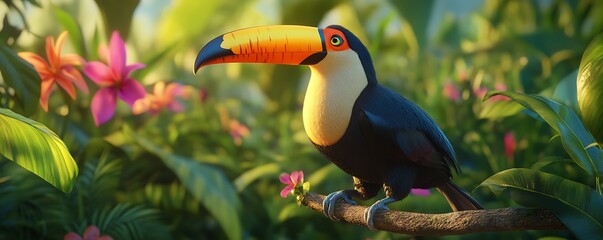 A vivid toucan perched on a branch in a tropical rainforest with clear details of its beak,