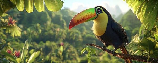 A vivid toucan perched on a branch in a tropical rainforest with clear details of its beak,