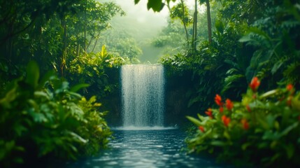 A serene waterfall cascades into a tranquil pool, surrounded by lush greenery and vibrant flowers, This image is perfect for nature themes, relaxation spaces, or wellness projects,