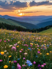Fototapeta premium Vibrant Meadow at Sunset A Breathtaking Vista of Colorful Wildflowers in a Mountain Valley Under a Golden Sky Serene Nature Landscape
