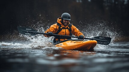 Fototapeta premium Kayaker paddles through a splashing river