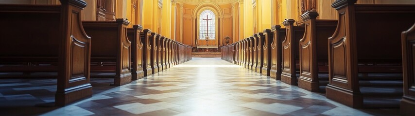 Fototapeta premium Empty Church Interior with Balcony View Over Nave and Pews