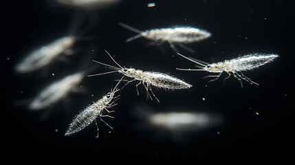Microscopic aquatic insects swimming in dark water.