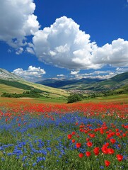 Fototapeta premium Vibrant Field of Red Poppies and Blue Cornflowers Under a Dramatic Sky in Castelluccio Italy Landscape