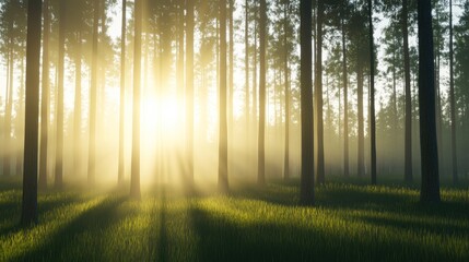 Obraz premium Sunlight filters through tall trees in a serene forest setting, casting a warm glow over lush green grass, This image is ideal for nature-related projects