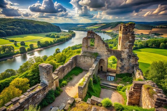 Majestic Collenburg Castle Ruins, Scenic Main River, Germany - Candid Photography