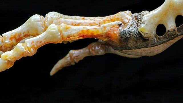 Detailed close-up of a bird skeletal structure showcasing distinctive features and textures during scientific examination