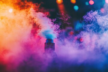 A dramatic and colorful image of a vapor or smoke machine emitting a cloud of vape, illuminated by vibrant stage lighting with bokeh effects, creating a dynamic scene.