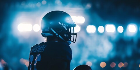 Football Player Standing on Field with Helmet Under Stadium Lights