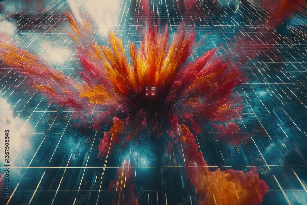 Poster a captivating abstract explosion of orange and red energy on a blue grid background, creating a dyna