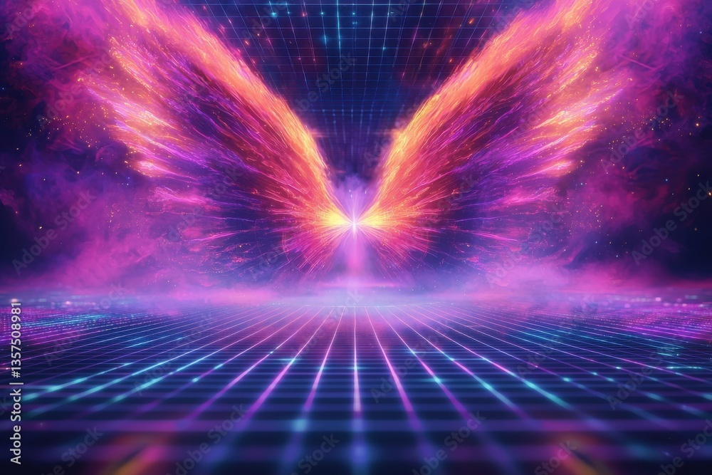 Fototapete A vibrant display of energy wings erupting from a central light source on a neon grid, creating a powerful, futuristic visual symbolizing innovation and transformative potential