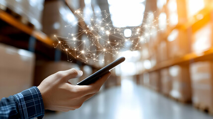 Person Holding Smartphone Connecting to Digital Network in Large Warehouse with Racks of Cardboard Boxes and Warm Lighting Showcasing Modern Logistics and Inventory Management
