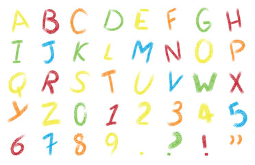 Colorful Cartoon textured oil pastel Latin alphabet with numbers and signs, Grunge hand drawn. Chalk letters