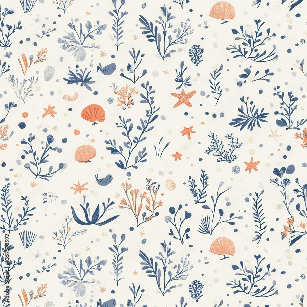 Poster smiling fish and sea stars create a dreamy ocean theme in a seamless baby pattern with soft blue and