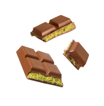 Dubai chocolate in the air isolated on white background. Dubai chocolate is made with pistachio paste and kadayif