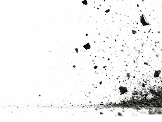 Fototapeta premium Scattered Black Dust Particles Explosion Isolated on White Background Abstract Debris and Fragments for Graphic Elements Coal Ash and Powder Texture Grime Soot Elements