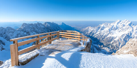 Scenic Snow Covered Mountain Range Under Clear Blue Sky Featuring a Wooden Barrier on a Summit in Winter with Pristine White Landscape and Panoramic Views on a Bright Sunny Day