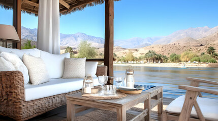 Obraz premium Scenic Terrace Overlooking Calm Lake with Mountains and White Cushions and Brown Wicker Furnitures under a Sunny Day with Clear Blue Sky in Exotic Destination for Relaxation