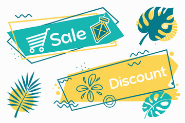 55 Colorful sale banners, summer discount tags, geometric shapes, tropical leaves, teal and yellow color scheme, paint splatter effect, bold typography, promotional graphics, vibrant marketing designs
