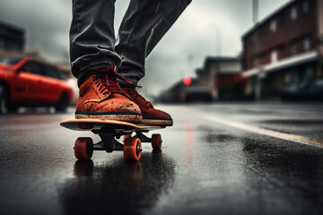 Fototapeta premium AI generated picture of man riding a skateboard on a city street